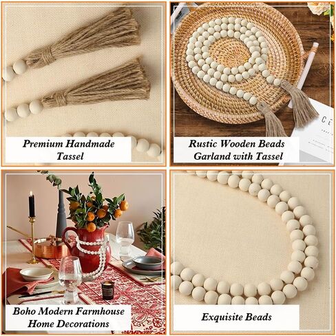 Wood Bead Garland 58 Inch Nature Wooden Beads for Boho Farmhouse Table Home Decor with Tassel, Wooden Prayer Bead, Rustic Country Boho Wall Hanging Decor for Kitchen Modern Living Room Tray Vase Shelf in Saudi Arabia