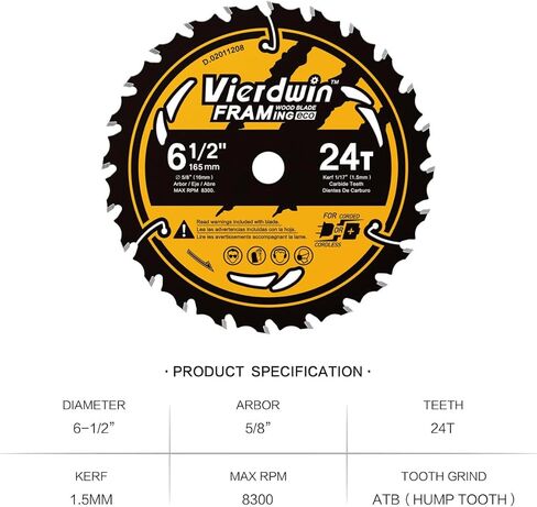 شفرة منشار دائرية ذات تأطير سريع 6-1/2 بوصة 24T ATB مع عمود 5/8 بوصة لقطع الخشب مع طلاء... in Kuwait