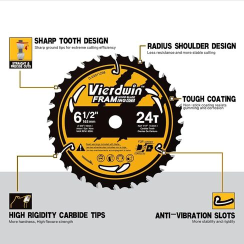 شفرة منشار دائرية ذات تأطير سريع 6-1/2 بوصة 24T ATB مع عمود 5/8 بوصة لقطع الخشب مع طلاء... in Kuwait