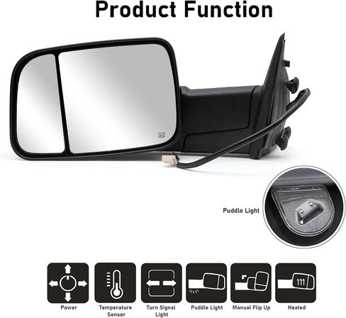 NEYASU Pair Towing Mirrors fit for 2009-2018 Dodge Ram 1500 2010-2018 Ram 2500 3500 Turn Signal Light Power Heated Puddle Lamp Temperature Sensor Manual Flip Up Tow Mirror Black Cap LH RH in Saudi Arabia