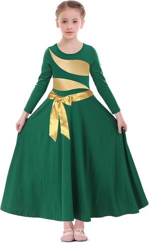 Girl's Praise Dance Dress Leaf Gold Metallic Long Sleeve Liturgical Worship Lyrical Dance Costume Church Robe in Saudi Arabia
