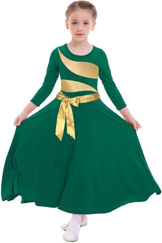 Girl's Praise Dance Dress Leaf Gold Metallic Long Sleeve Liturgical Worship Lyrical Dance Costume Church Robe in Saudi Arabia