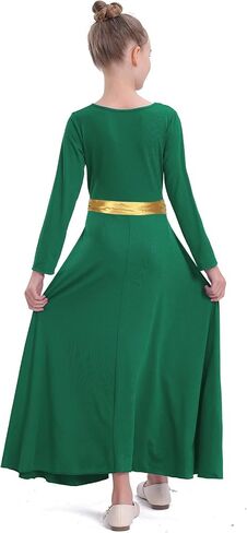Girl's Praise Dance Dress Leaf Gold Metallic Long Sleeve Liturgical Worship Lyrical Dance Costume Church Robe in Saudi Arabia