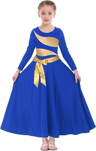 Girl's Praise Dance Dress Leaf Gold Metallic Long Sleeve Liturgical Worship Lyrical Dance Costume Church Robe in Saudi Arabia