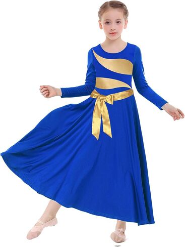 Girl's Praise Dance Dress Leaf Gold Metallic Long Sleeve Liturgical Worship Lyrical Dance Costume Church Robe in Saudi Arabia