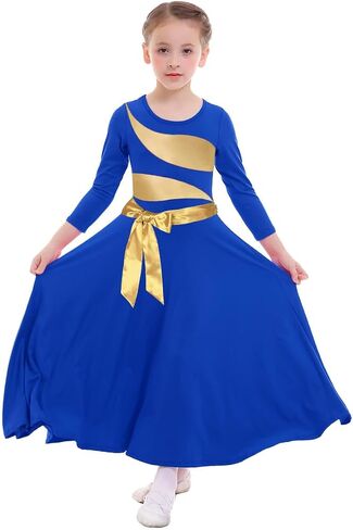 Girl's Praise Dance Dress Leaf Gold Metallic Long Sleeve Liturgical Worship Lyrical Dance Costume Church Robe in Saudi Arabia