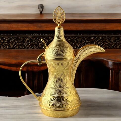 Alisveristime Decorative Zamac Dallah Pitcher – Elegant Ottoman & Middle Eastern-Inspired Metal Coffee Pot for Home Décor (9.84" x 7.87" x 3.94") (Gold) in Kuwait