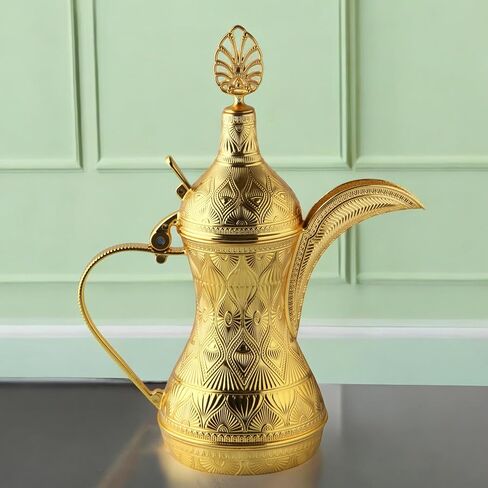 Alisveristime Decorative Zamac Dallah Pitcher – Elegant Ottoman & Middle Eastern-Inspired Metal Coffee Pot for Home Décor (9.84" x 7.87" x 3.94") (Gold) in Kuwait