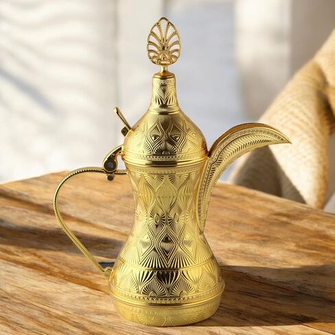 Alisveristime Decorative Zamac Dallah Pitcher – Elegant Ottoman & Middle Eastern-Inspired Metal Coffee Pot for Home Décor (9.84" x 7.87" x 3.94") (Gold) in Kuwait