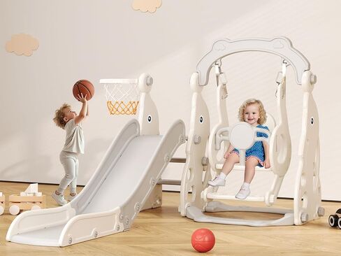 Toddler Slide Set, 5 in 1 Indoor Slide Playgrounds for Toddlers 1-3 Bus Playhouse Outdoor Slide Freestanding Playset with Basketball Hoop Climber Toddler Playground in Kuwait