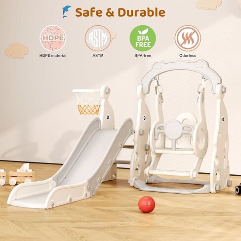 Toddler Slide Set, 5 in 1 Indoor Slide Playgrounds for Toddlers 1-3 Bus Playhouse Outdoor Slide Freestanding Playset with Basketball Hoop Climber Toddler Playground in Kuwait