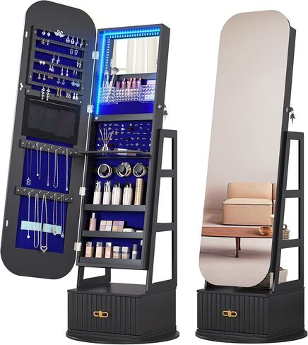 Full Length Mirror with Storage, Standing Mirror Jewelry Cabinet with 3 Color LED Lights, 360° Swivel Jewelry Armoire with Mirror & Storage Shelves, White in Saudi Arabia