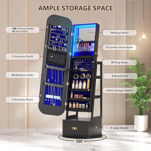 Full Length Mirror with Storage, Standing Mirror Jewelry Cabinet with 3 Color LED Lights, 360° Swivel Jewelry Armoire with Mirror & Storage Shelves, White in Saudi Arabia