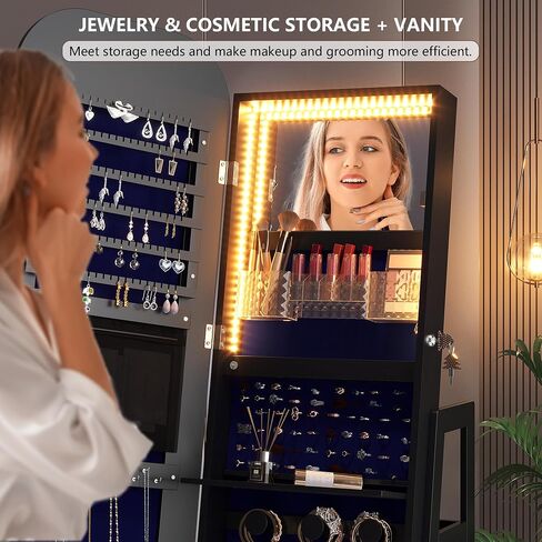 Full Length Mirror with Storage, Standing Mirror Jewelry Cabinet with 3 Color LED Lights, 360° Swivel Jewelry Armoire with Mirror & Storage Shelves, White in Saudi Arabia