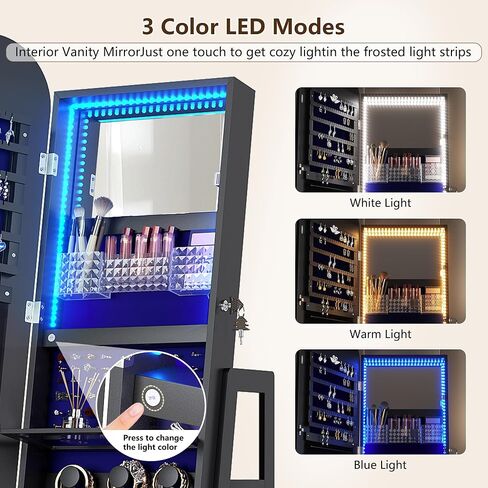 Full Length Mirror with Storage, Standing Mirror Jewelry Cabinet with 3 Color LED Lights, 360° Swivel Jewelry Armoire with Mirror & Storage Shelves, White in Saudi Arabia