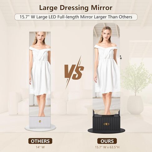 Full Length Mirror with Storage, Standing Mirror Jewelry Cabinet with 3 Color LED Lights, 360° Swivel Jewelry Armoire with Mirror & Storage Shelves, White in Saudi Arabia