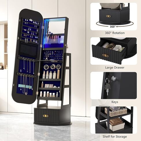 Full Length Mirror with Storage, Standing Mirror Jewelry Cabinet with 3 Color LED Lights, 360° Swivel Jewelry Armoire with Mirror & Storage Shelves, White in Saudi Arabia
