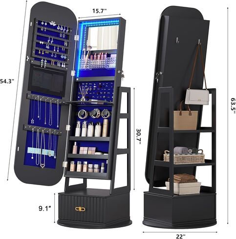 Full Length Mirror with Storage, Standing Mirror Jewelry Cabinet with 3 Color LED Lights, 360° Swivel Jewelry Armoire with Mirror & Storage Shelves, White in Saudi Arabia