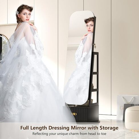 Full Length Mirror with Storage, Standing Mirror Jewelry Cabinet with 3 Color LED Lights, 360° Swivel Jewelry Armoire with Mirror & Storage Shelves, White in Saudi Arabia