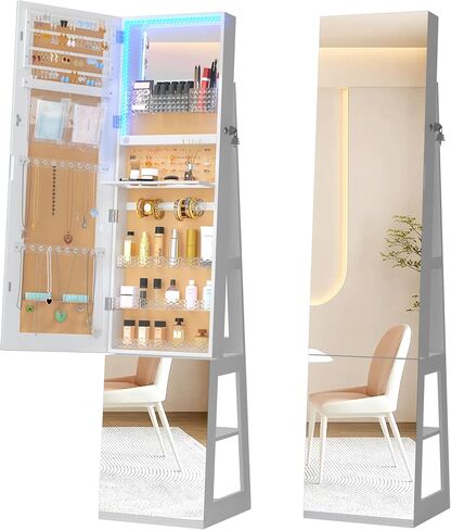 خزانة مجوهرات دوارة 3 360 درجة مع مصابيح ، 63 بوصة من المجوهرات ذات السعة الكبيرة مع مرآة كاملة الطول ، مرآة مجوهرات دائمة مع تخزين للمجوهرات ، تصميم 4 في 1 ، أبيض in Kuwait