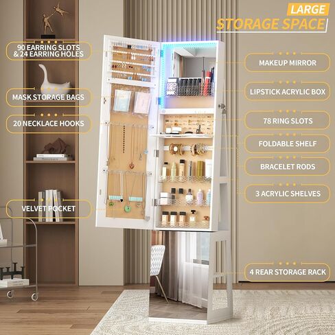 خزانة مجوهرات دوارة 3 360 درجة مع مصابيح ، 63 بوصة من المجوهرات ذات السعة الكبيرة مع مرآة كاملة الطول ، مرآة مجوهرات دائمة مع تخزين للمجوهرات ، تصميم 4 في 1 ، أبيض in Kuwait