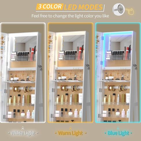خزانة مجوهرات دوارة 3 360 درجة مع مصابيح ، 63 بوصة من المجوهرات ذات السعة الكبيرة مع مرآة كاملة الطول ، مرآة مجوهرات دائمة مع تخزين للمجوهرات ، تصميم 4 في 1 ، أبيض in Kuwait