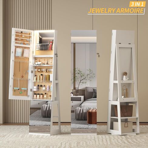 خزانة مجوهرات دوارة 3 360 درجة مع مصابيح ، 63 بوصة من المجوهرات ذات السعة الكبيرة مع مرآة كاملة الطول ، مرآة مجوهرات دائمة مع تخزين للمجوهرات ، تصميم 4 في 1 ، أبيض in Kuwait