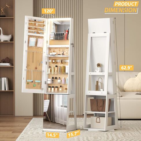 خزانة مجوهرات دوارة 3 360 درجة مع مصابيح ، 63 بوصة من المجوهرات ذات السعة الكبيرة مع مرآة كاملة الطول ، مرآة مجوهرات دائمة مع تخزين للمجوهرات ، تصميم 4 في 1 ، أبيض in Kuwait