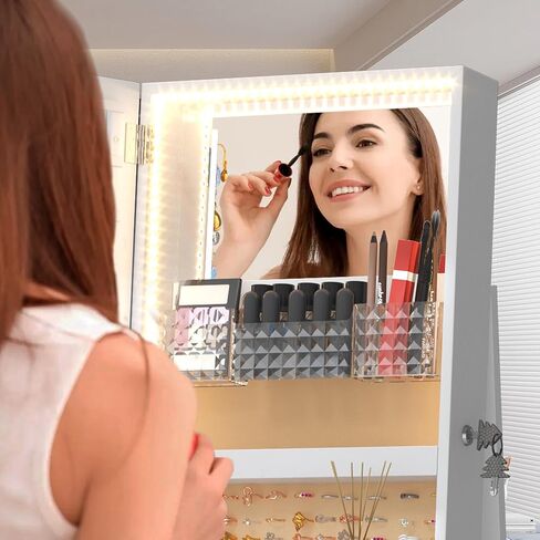 خزانة مجوهرات دوارة 3 360 درجة مع مصابيح ، 63 بوصة من المجوهرات ذات السعة الكبيرة مع مرآة كاملة الطول ، مرآة مجوهرات دائمة مع تخزين للمجوهرات ، تصميم 4 في 1 ، أبيض in Kuwait