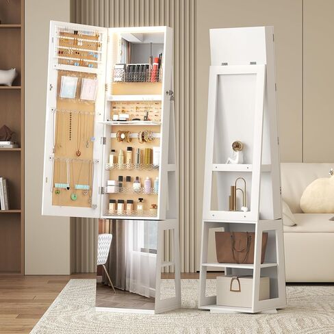 خزانة مجوهرات دوارة 3 360 درجة مع مصابيح ، 63 بوصة من المجوهرات ذات السعة الكبيرة مع مرآة كاملة الطول ، مرآة مجوهرات دائمة مع تخزين للمجوهرات ، تصميم 4 في 1 ، أبيض in Kuwait