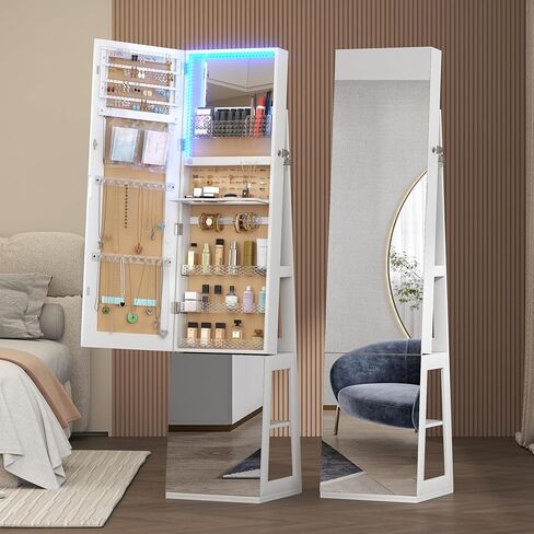 خزانة مجوهرات دوارة 3 360 درجة مع مصابيح ، 63 بوصة من المجوهرات ذات السعة الكبيرة مع مرآة كاملة الطول ، مرآة مجوهرات دائمة مع تخزين للمجوهرات ، تصميم 4 في 1 ، أبيض in Kuwait