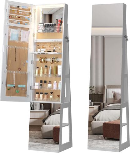 خزانة مجوهرات دوارة 3 360 درجة مع مصابيح ، 63 بوصة من المجوهرات ذات السعة الكبيرة مع مرآة كاملة الطول ، مرآة مجوهرات دائمة مع تخزين للمجوهرات ، تصميم 4 في 1 ، أبيض in Kuwait