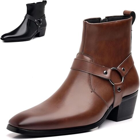 Men's Leather Chunky Heel Dress Chelsea Boots with Three Prong Buckle Fashion Classic Cap Toe Side Zipper High Heel High Top Formal Oxford Shoes Casual Business Wedding Chukka Booties in Kuwait