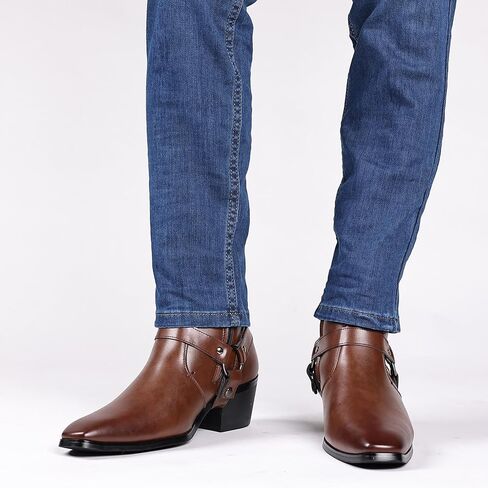 Men's Leather Chunky Heel Dress Chelsea Boots with Three Prong Buckle Fashion Classic Cap Toe Side Zipper High Heel High Top Formal Oxford Shoes Casual Business Wedding Chukka Booties in Kuwait