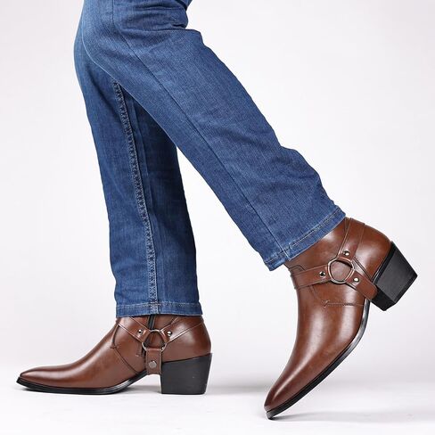 Men's Leather Chunky Heel Dress Chelsea Boots with Three Prong Buckle Fashion Classic Cap Toe Side Zipper High Heel High Top Formal Oxford Shoes Casual Business Wedding Chukka Booties in Kuwait