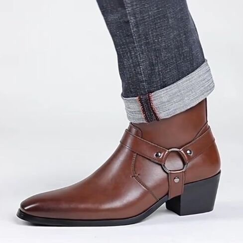 Men's Leather Chunky Heel Dress Chelsea Boots with Three Prong Buckle Fashion Classic Cap Toe Side Zipper High Heel High Top Formal Oxford Shoes Casual Business Wedding Chukka Booties in Kuwait