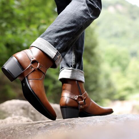 Men's Leather Chunky Heel Dress Chelsea Boots with Three Prong Buckle Fashion Classic Cap Toe Side Zipper High Heel High Top Formal Oxford Shoes Casual Business Wedding Chukka Booties in Kuwait