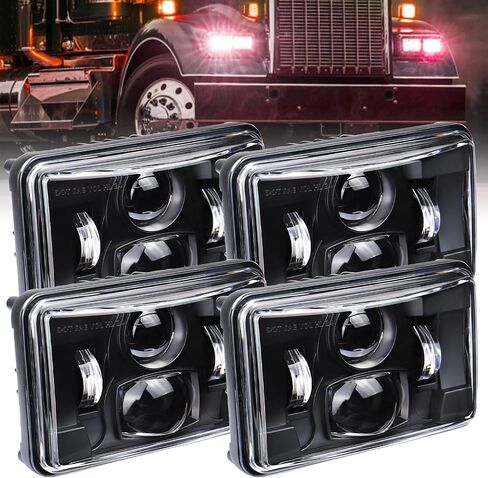 المصابيح الأمامية 4x6 بوصة LED ، ضوء مستطيل ، DOT معتمد ، شعاع عالي/منخفض ، ل Peterbilt Kenworth Freightliner استبدال H4651 H4652 H4656 H4666 H6545 (4 PCS أسود) in Kuwait