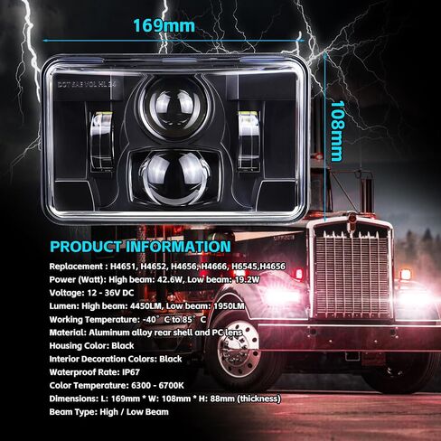 المصابيح الأمامية 4x6 بوصة LED ، ضوء مستطيل ، DOT معتمد ، شعاع عالي/منخفض ، ل Peterbilt Kenworth Freightliner استبدال H4651 H4652 H4656 H4666 H6545 (4 PCS أسود) in Kuwait