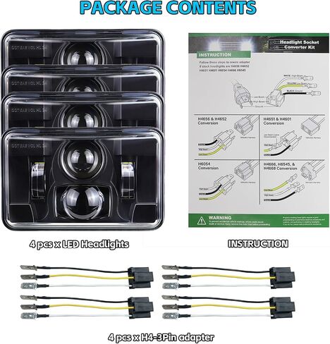 المصابيح الأمامية 4x6 بوصة LED ، ضوء مستطيل ، DOT معتمد ، شعاع عالي/منخفض ، ل Peterbilt Kenworth Freightliner استبدال H4651 H4652 H4656 H4666 H6545 (4 PCS أسود) in Kuwait