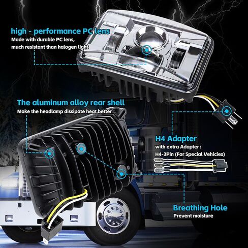 المصابيح الأمامية 4x6 بوصة LED ، ضوء مستطيل ، DOT معتمد ، شعاع عالي/منخفض ، ل Peterbilt Kenworth Freightliner استبدال H4651 H4652 H4656 H4666 H6545 (4 PCS أسود) in Kuwait