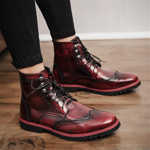 Men's Brogue Leather Lace-Up Ankle Boots with Wingtip Design Vintage Dress Boots for Casual Business Office Daily Wear and Formal Occasions in Saudi Arabia
