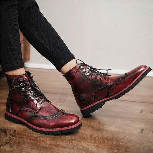 Men's Brogue Leather Lace-Up Ankle Boots with Wingtip Design Vintage Dress Boots for Casual Business Office Daily Wear and Formal Occasions in Saudi Arabia