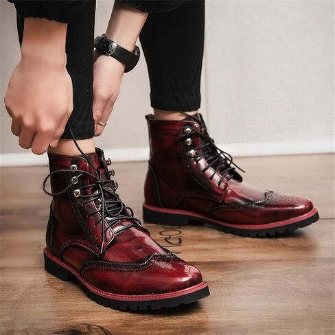 Men's Brogue Leather Lace-Up Ankle Boots with Wingtip Design Vintage Dress Boots for Casual Business Office Daily Wear and Formal Occasions in Saudi Arabia