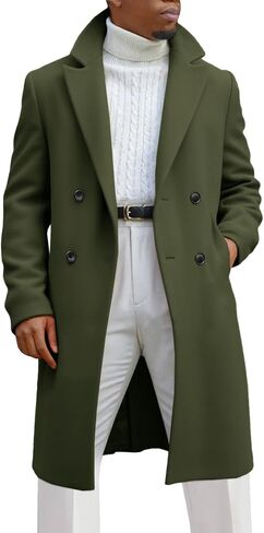 Runcati Mens Trench Coat Notched Lapel Double Breasted Mid Long Pea Coat Casual Fall Winter Classic Overcoat in Saudi Arabia