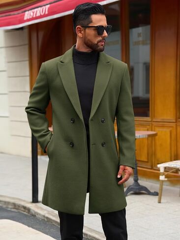Runcati Mens Trench Coat Notched Lapel Double Breasted Mid Long Pea Coat Casual Fall Winter Classic Overcoat in Saudi Arabia