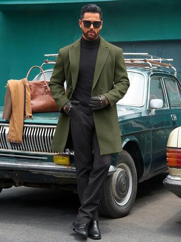 Runcati Mens Trench Coat Notched Lapel Double Breasted Mid Long Pea Coat Casual Fall Winter Classic Overcoat in Saudi Arabia