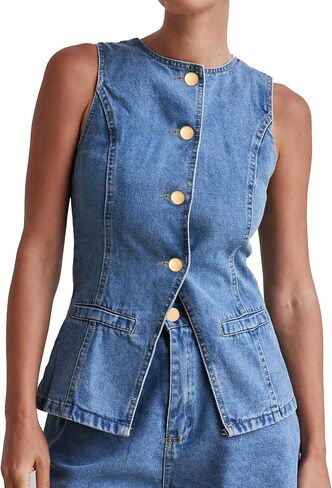 Kedera Women's Button Down Denim Vest Sleeveless Tank Tops Crew Neck Slim Fit Jean Jacket Waistcoat with Pockets in Saudi Arabia