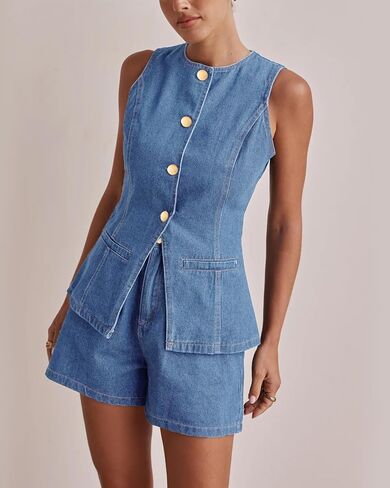 Kedera Women's Button Down Denim Vest Sleeveless Tank Tops Crew Neck Slim Fit Jean Jacket Waistcoat with Pockets in Saudi Arabia