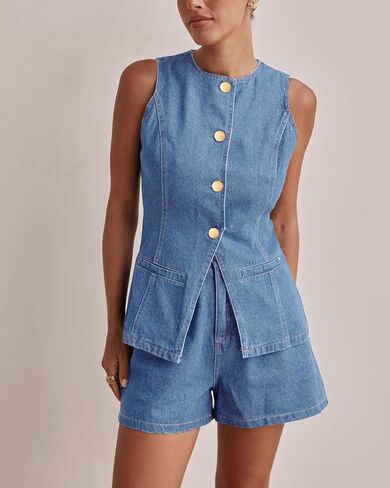 Kedera Women's Button Down Denim Vest Sleeveless Tank Tops Crew Neck Slim Fit Jean Jacket Waistcoat with Pockets in Saudi Arabia